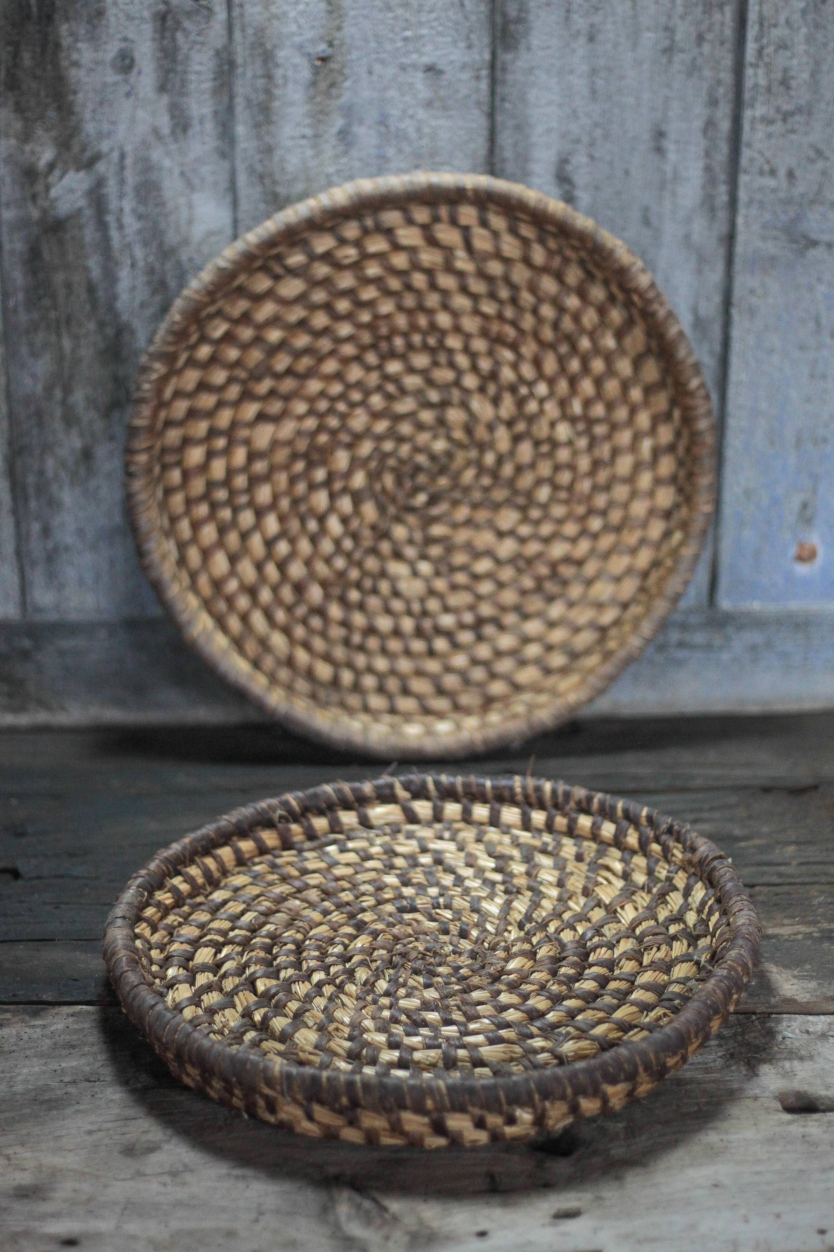 pair of old wicker trays, straw bourgne and bramble, woven bowl