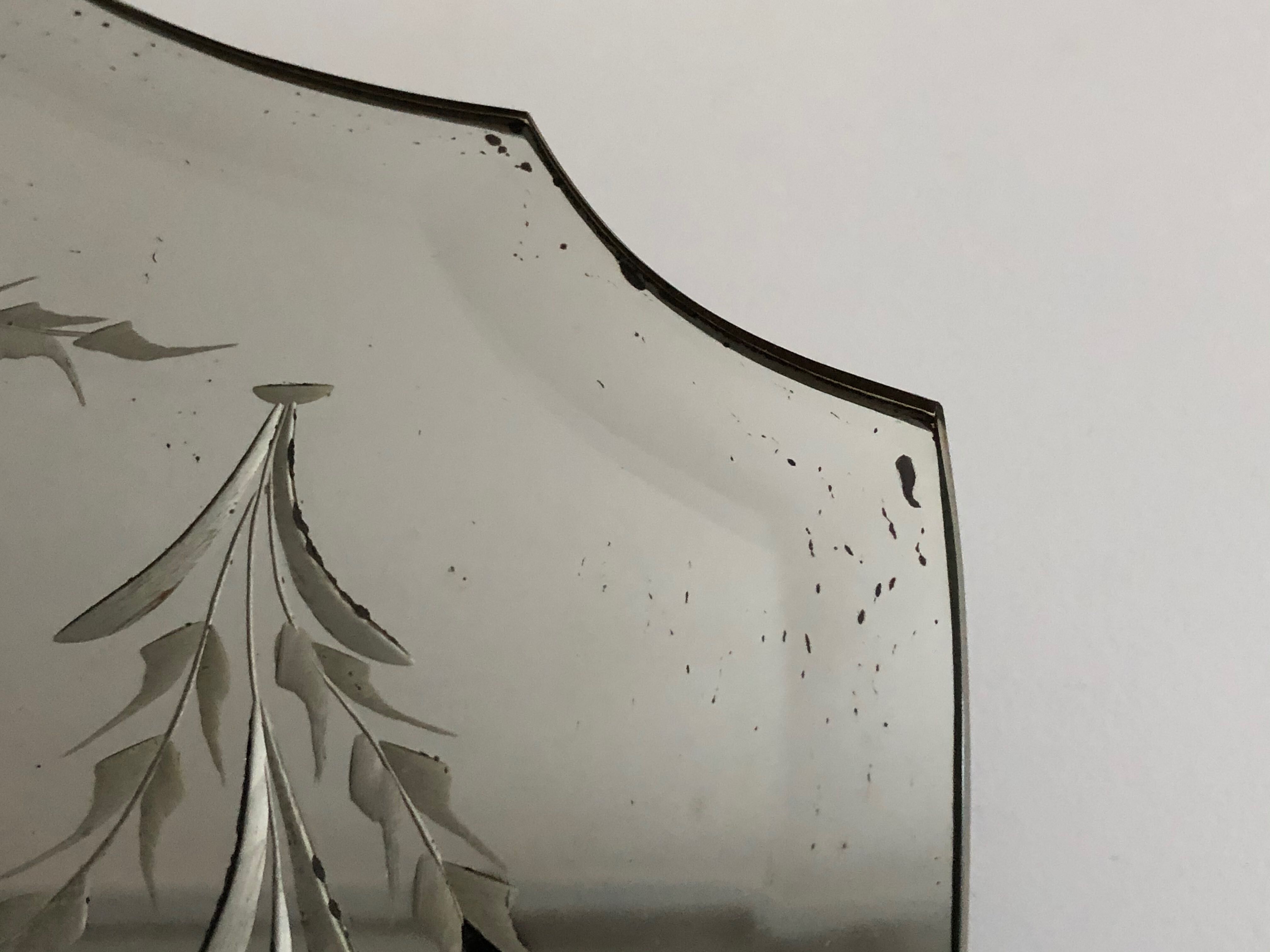 Old bevelled and engraved mirror   43x63cm