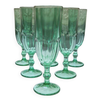 6 old green glass champagne flutes