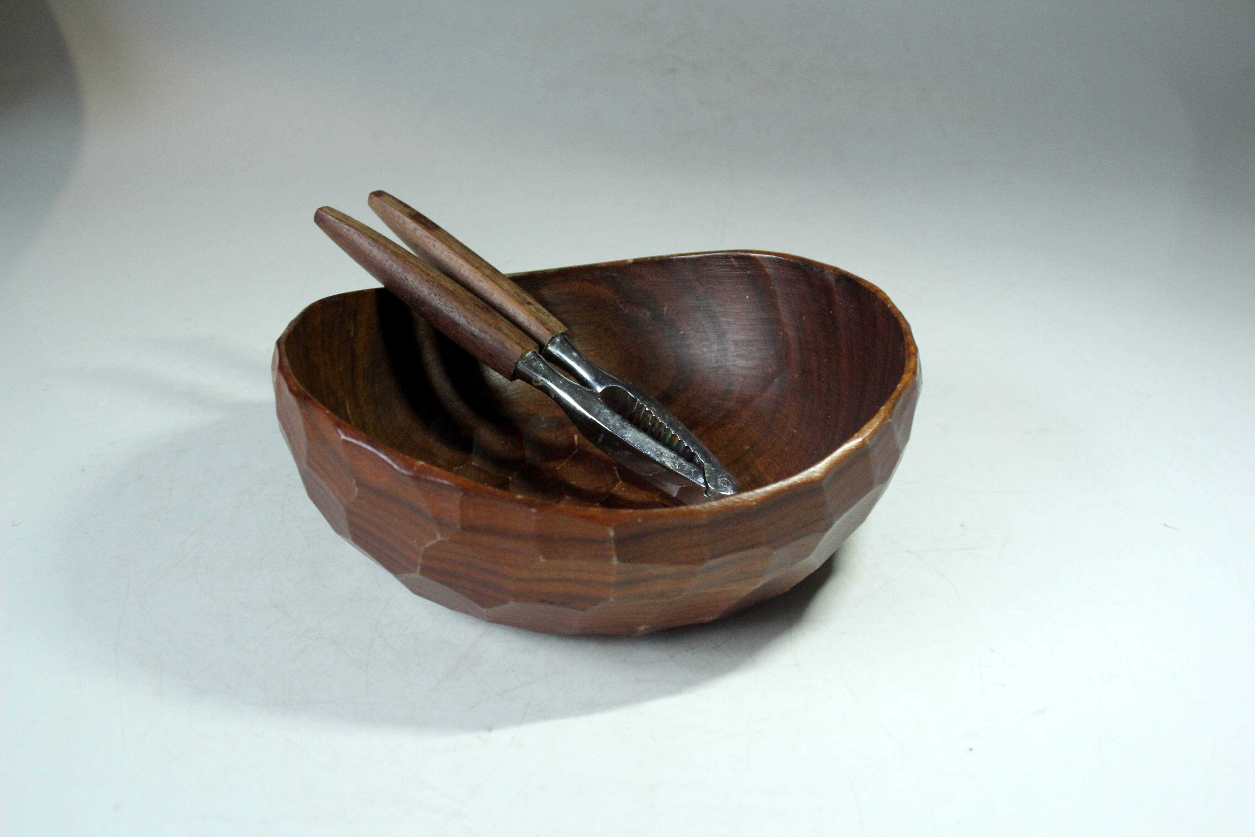 Handmade teak serving bowl with a nutcracker as a set, vintage from the 1960s
