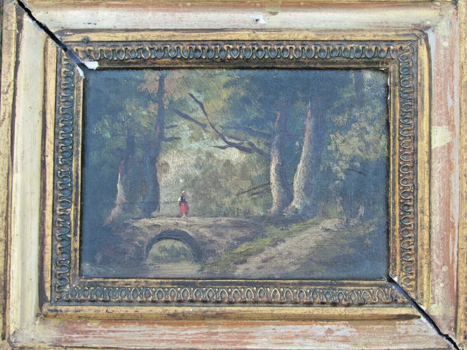 Oil on panel - dreamy young woman in a wooded gilded frame