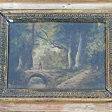 Oil on panel - dreamy young woman in a wooded gilded frame