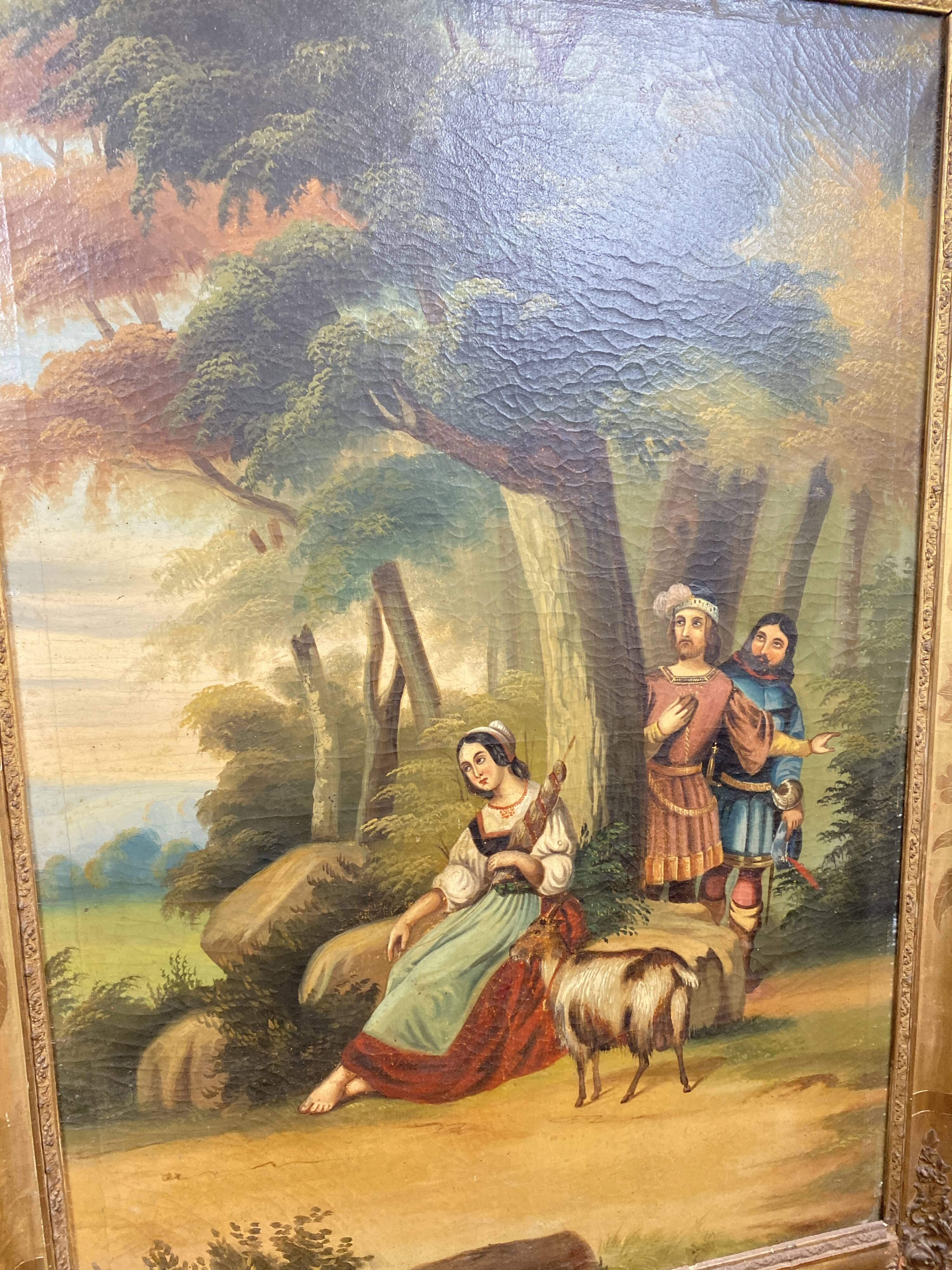 19th century gilded wooden trumeau with romantic scene - 69cm x 140cm