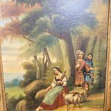 19th century gilded wooden trumeau with romantic scene - 69cm x 140cm