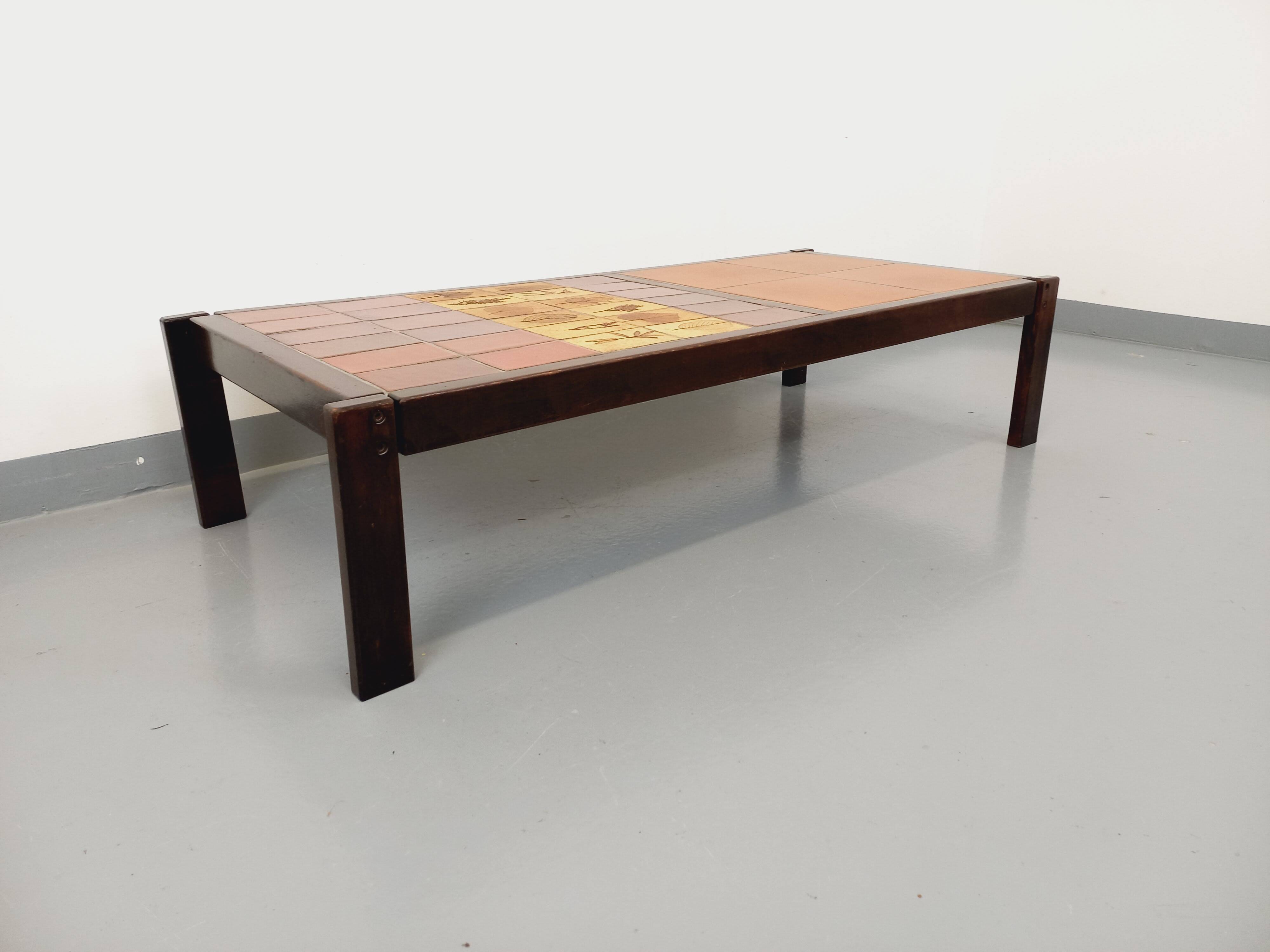 Vintage Roger Capron coffee table in dark wood and Vallauris ceramic from the 60s 70s