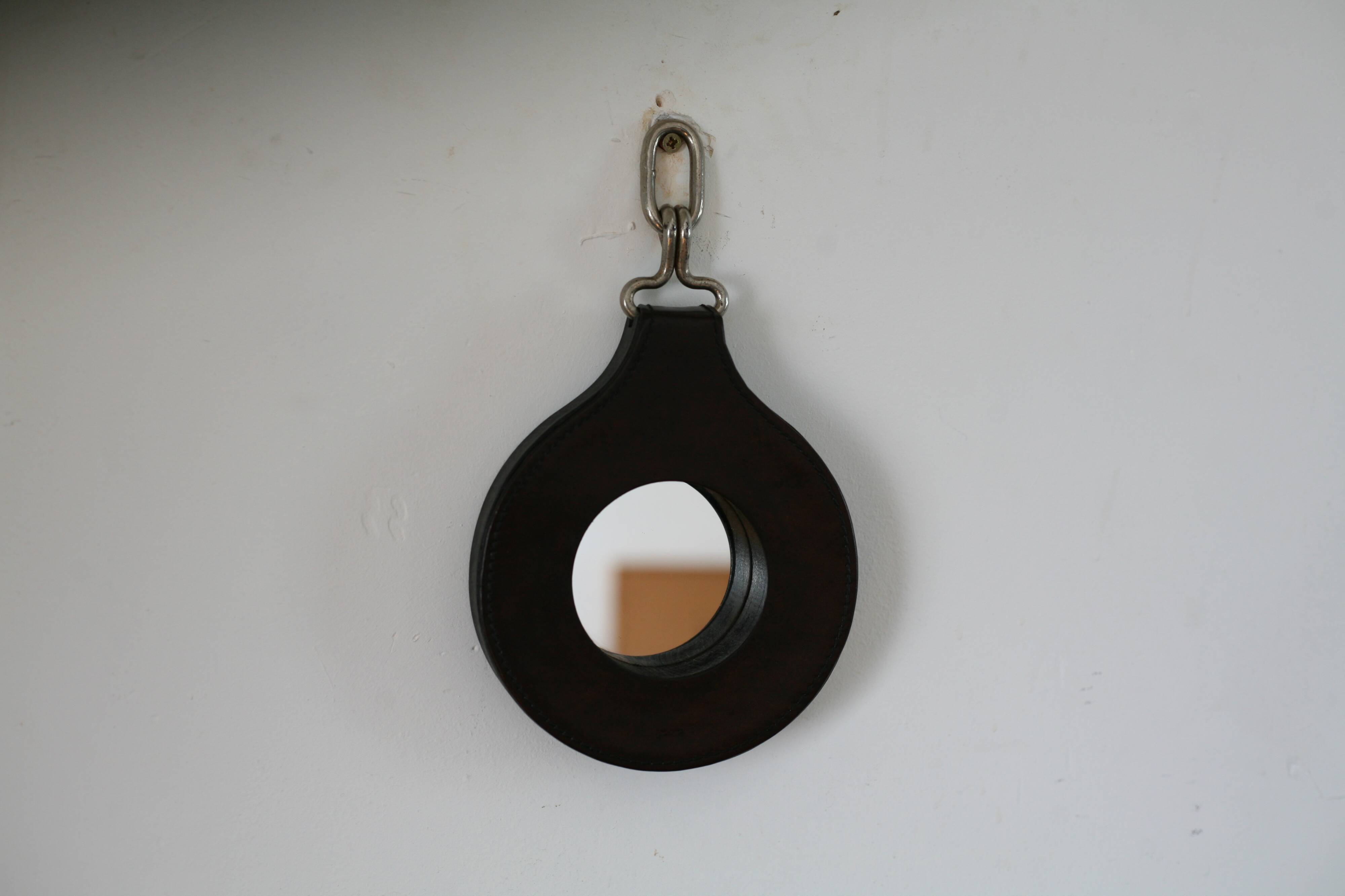 Lancel mirror, leather and wood, France 1960s