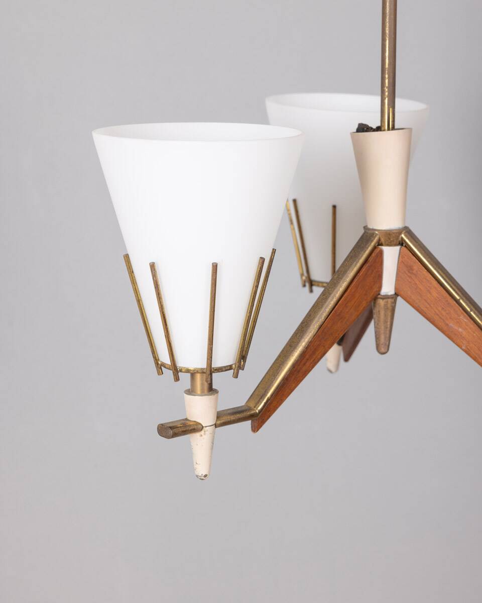 Vintage 50s chandelier in brass, wood and opal glass italian design