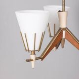Vintage 50s chandelier in brass, wood and opal glass italian design