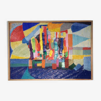 Tableau  impressionniste abstrait à l'huile multicolore "isola bella"
