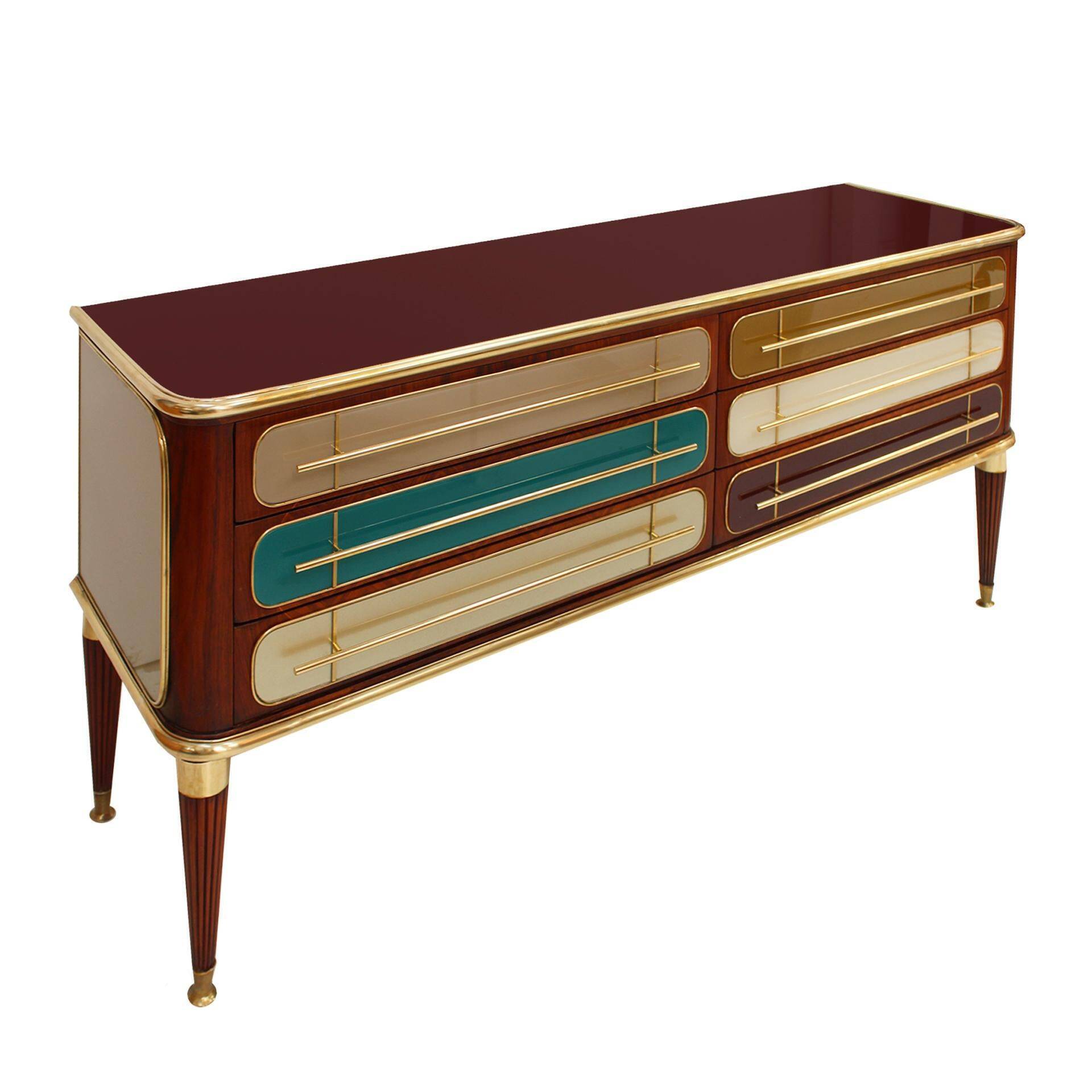 Mid Century Modern Italian Sideboard Wood and Colored Glass. 1950s