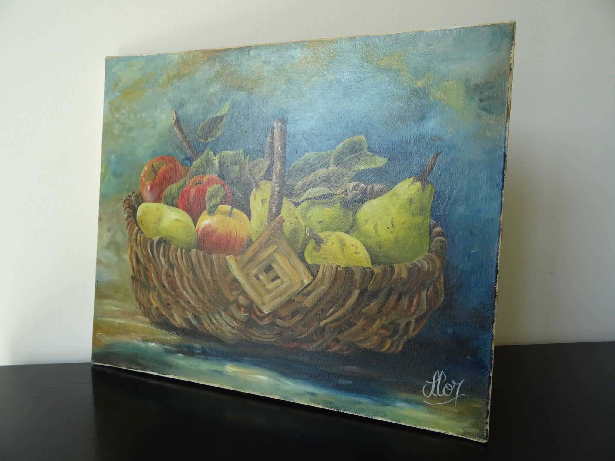 Painting still life basket of fruits oil on canvas signed