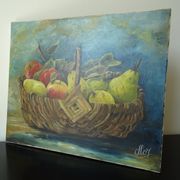 Painting still life basket of fruits oil on canvas signed