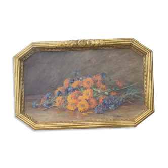 Nature morte bouquet de fleurs huile sur bois par Lillie Honnorat