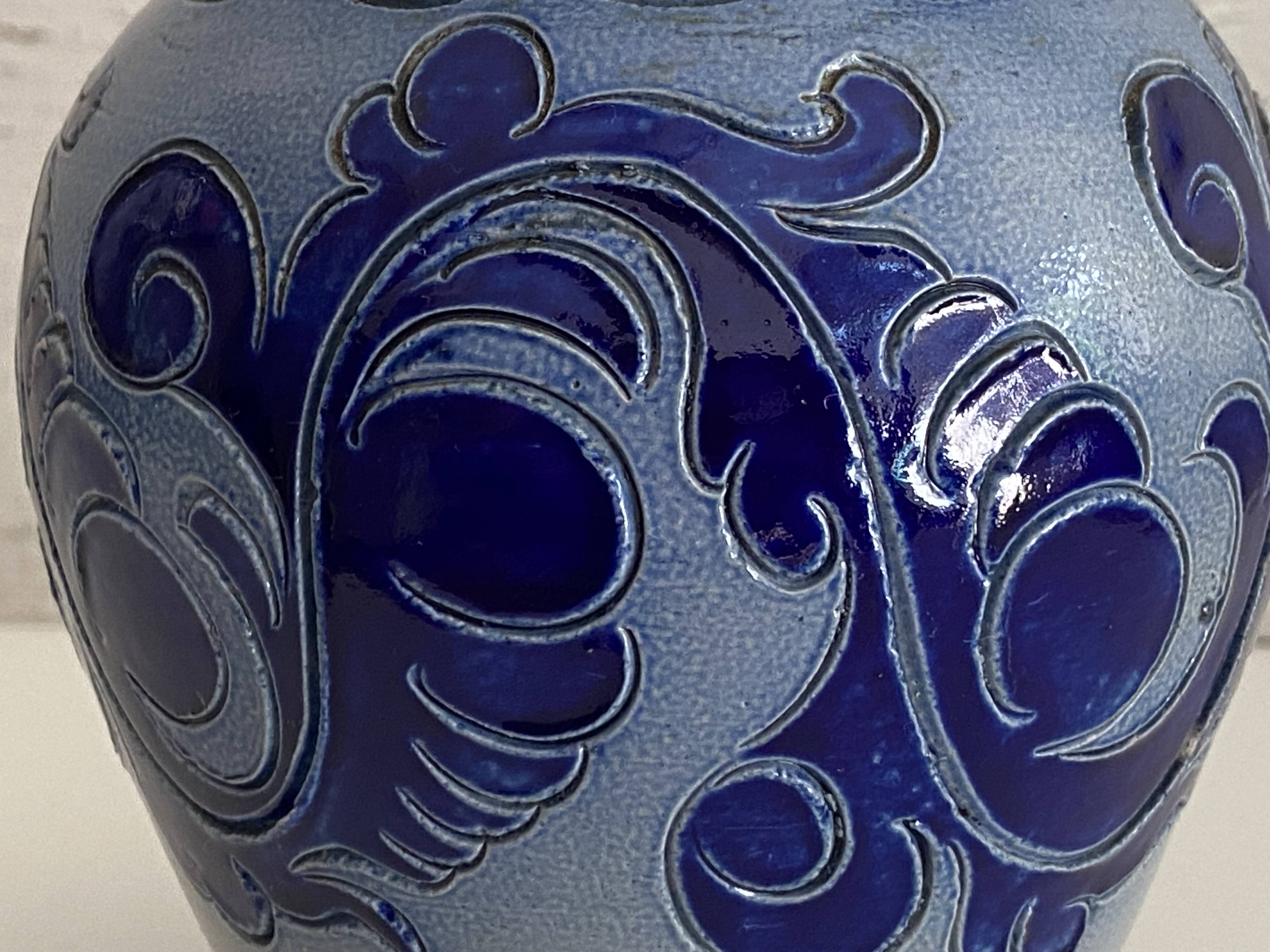 Antique Small Glazed Stoneware Vase, Chiseled, Alsace, Bestchdorf, Signed