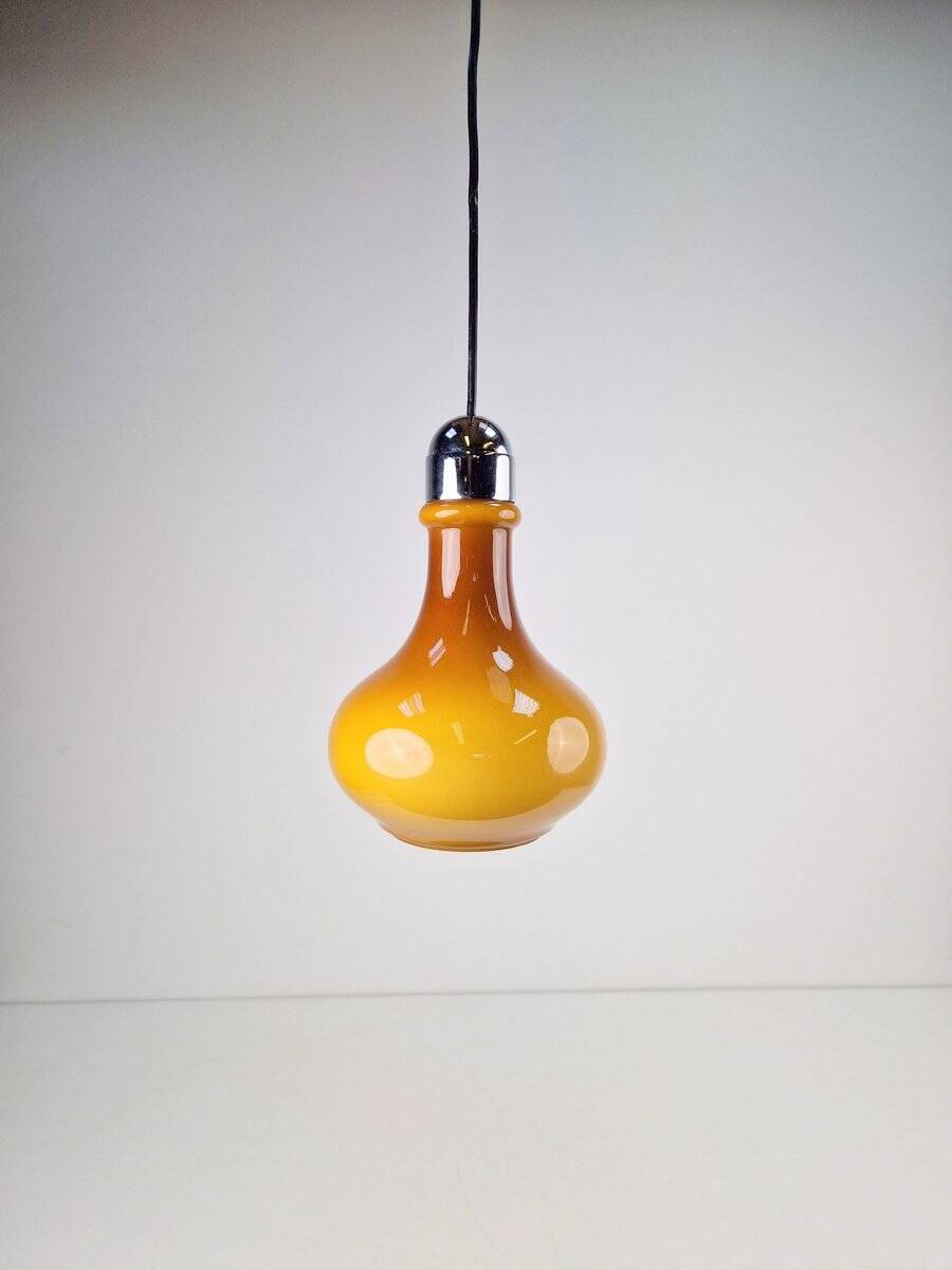 Vintage Scandinavian Drop Pendant Lamp in Brown Opal Glass and Chrome from Peill & Putzler, 1960s