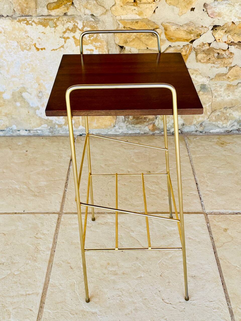Vintage side table, 2 wooden and brass shelves, circa 1960s