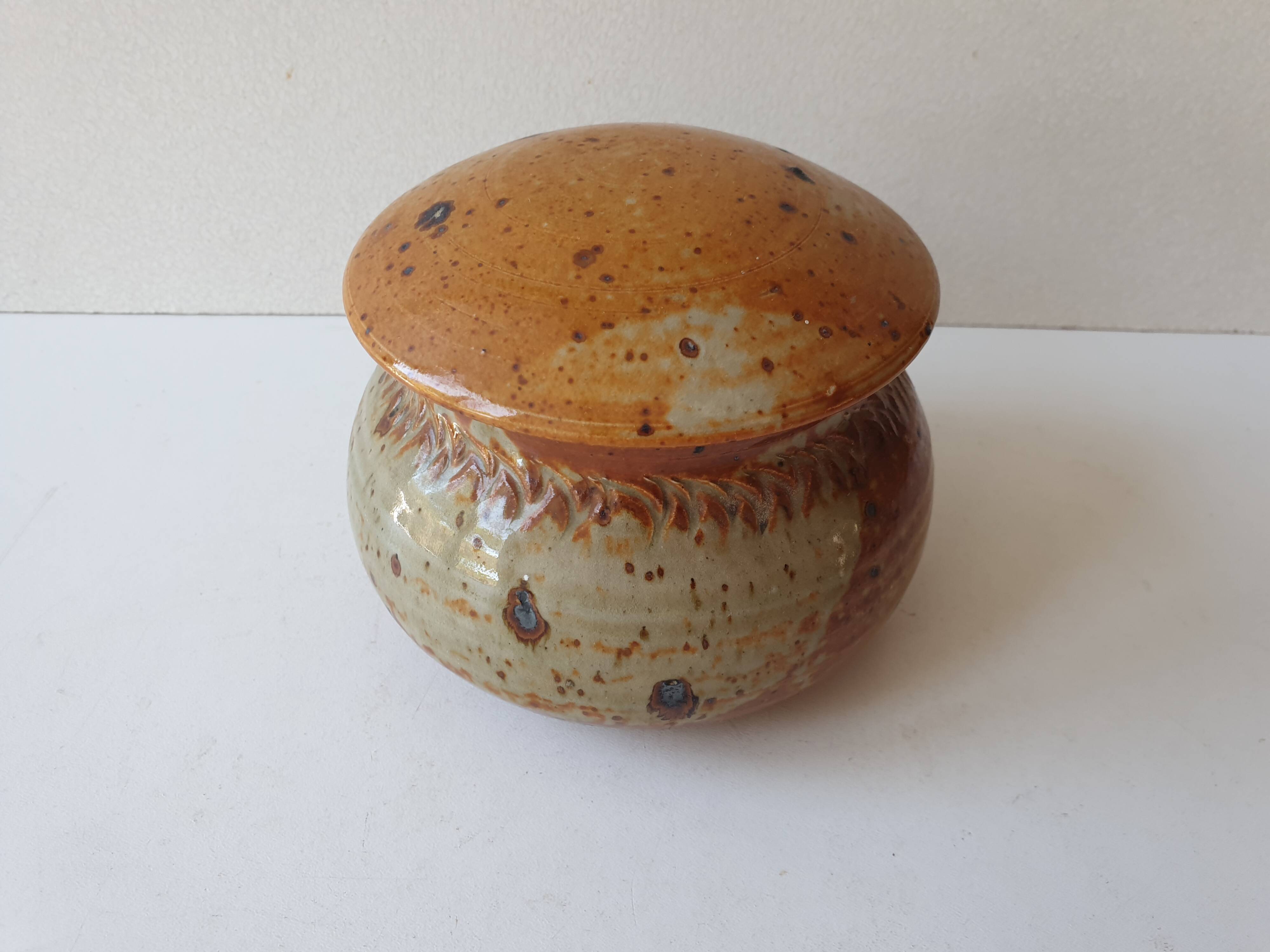 Pyrite stoneware ceramic candy box signed A (Signature to be identified)