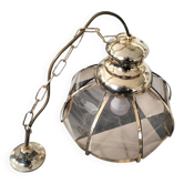 Smoked glass pendant light with gold metal frame