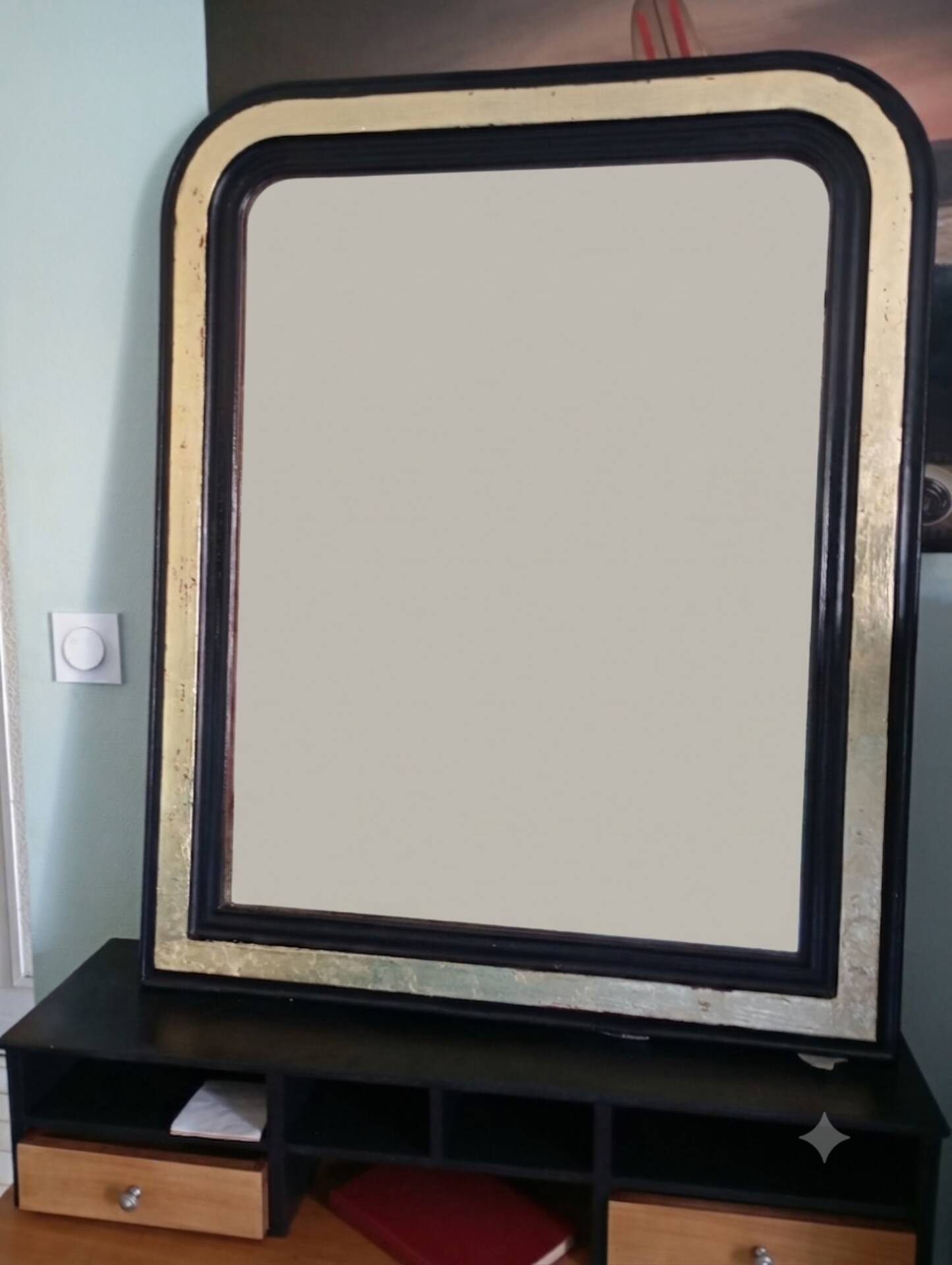 Miroir ancien noir et doré  – 98 x 78