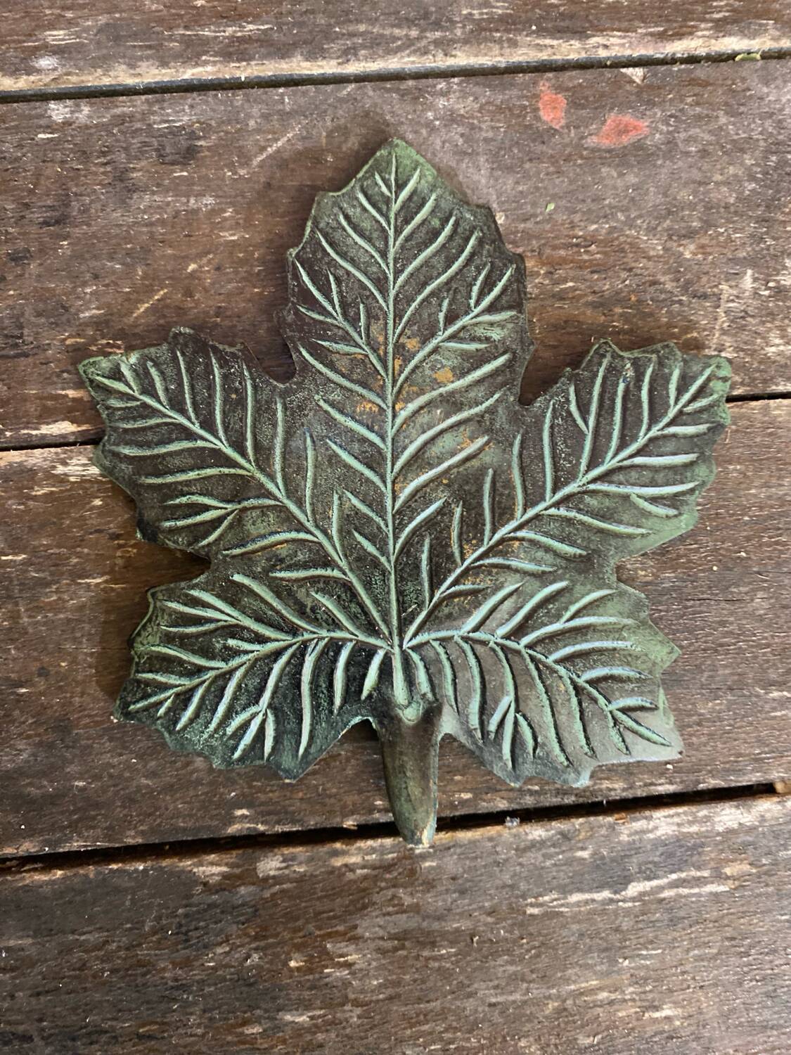 Vintage Greenish-Gray Metal Leaf-Shaped Empty Pocket Bowl