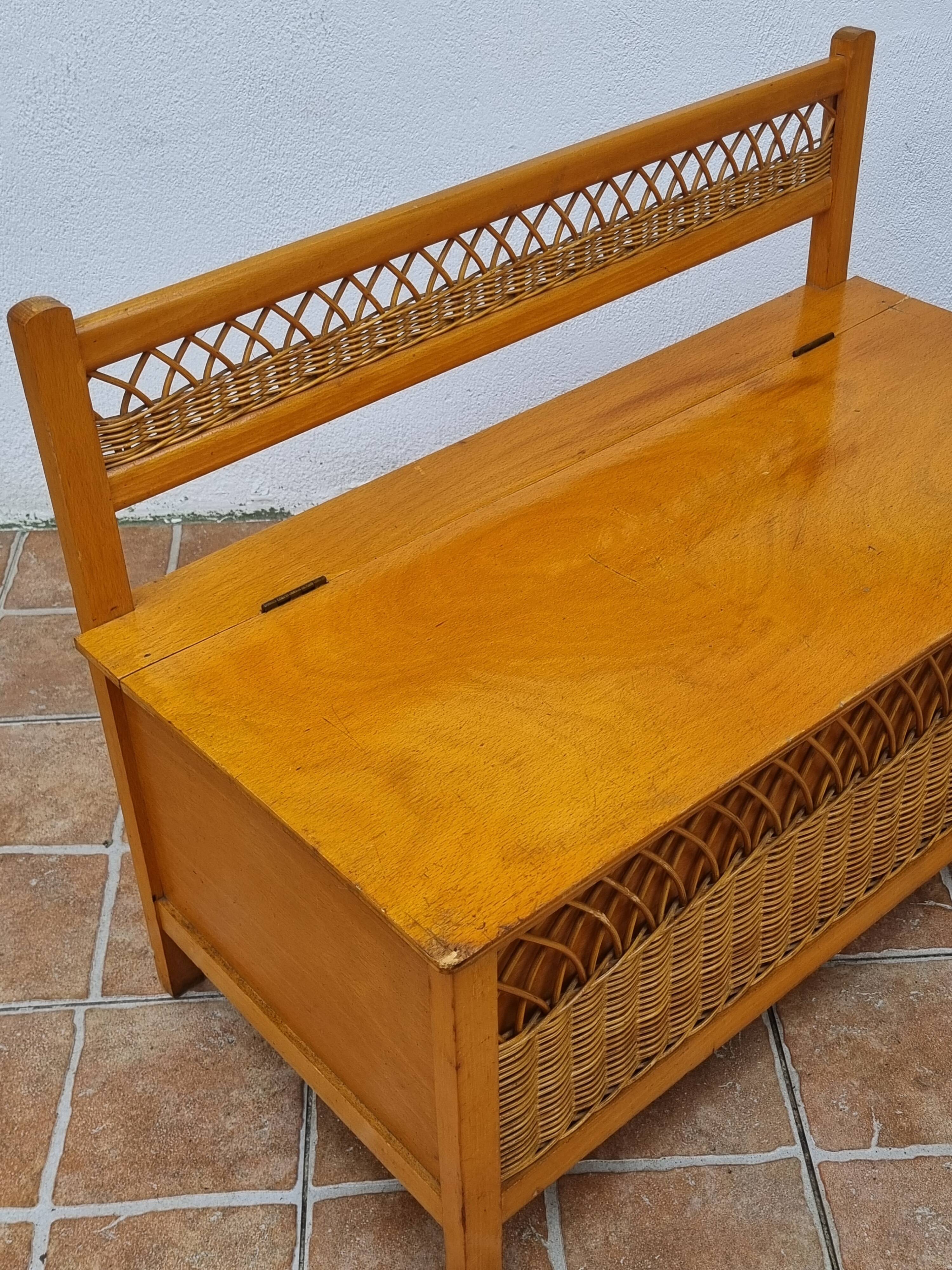 Vintage wooden bench with caning and woven rattan, 1960s-70s.