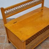Vintage wooden bench with caning and woven rattan, 1960s-70s.