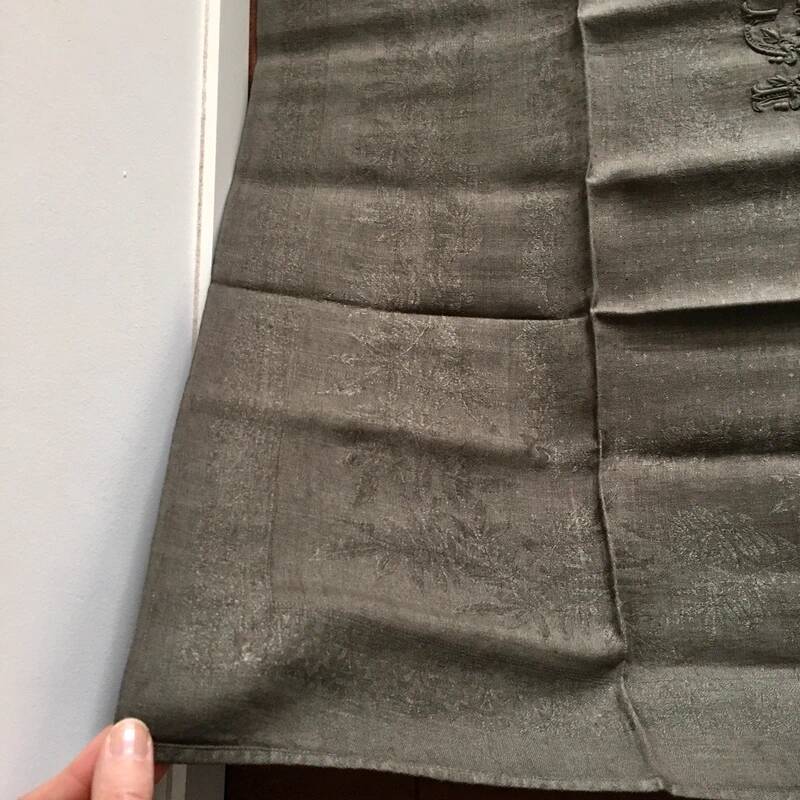 Old embroidered table napkin J G Dark Khaki Green