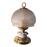 chrome gold lamp and engraved glass 1970 to 80,,32x19,, very beautiful
