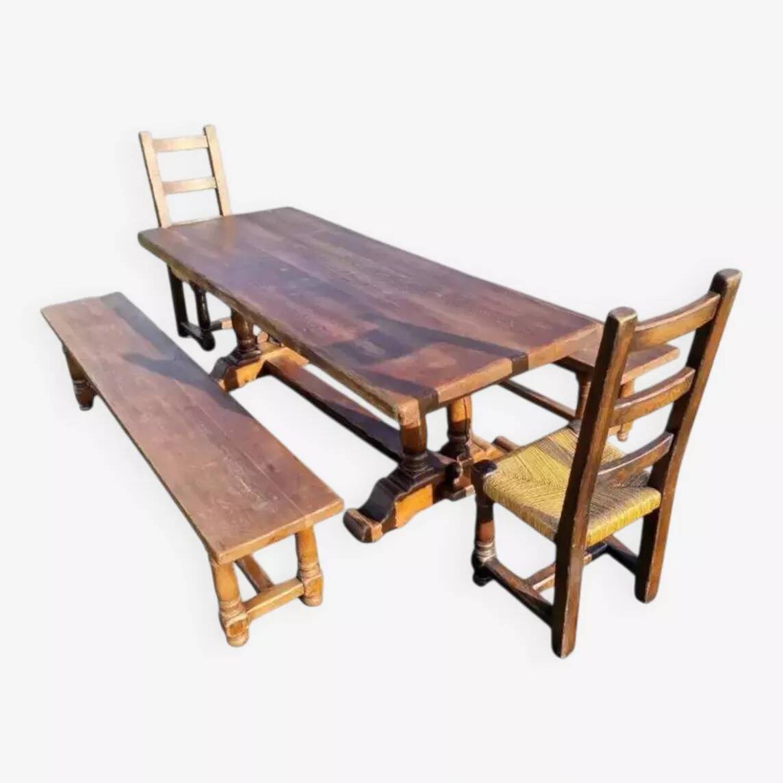 Old farmhouse dining table, 2 benches, 2 chairs