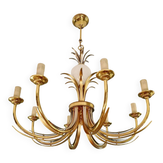 Lustre en laiton, décor feuilles d'ananas et oeuf d'autruche, 1970