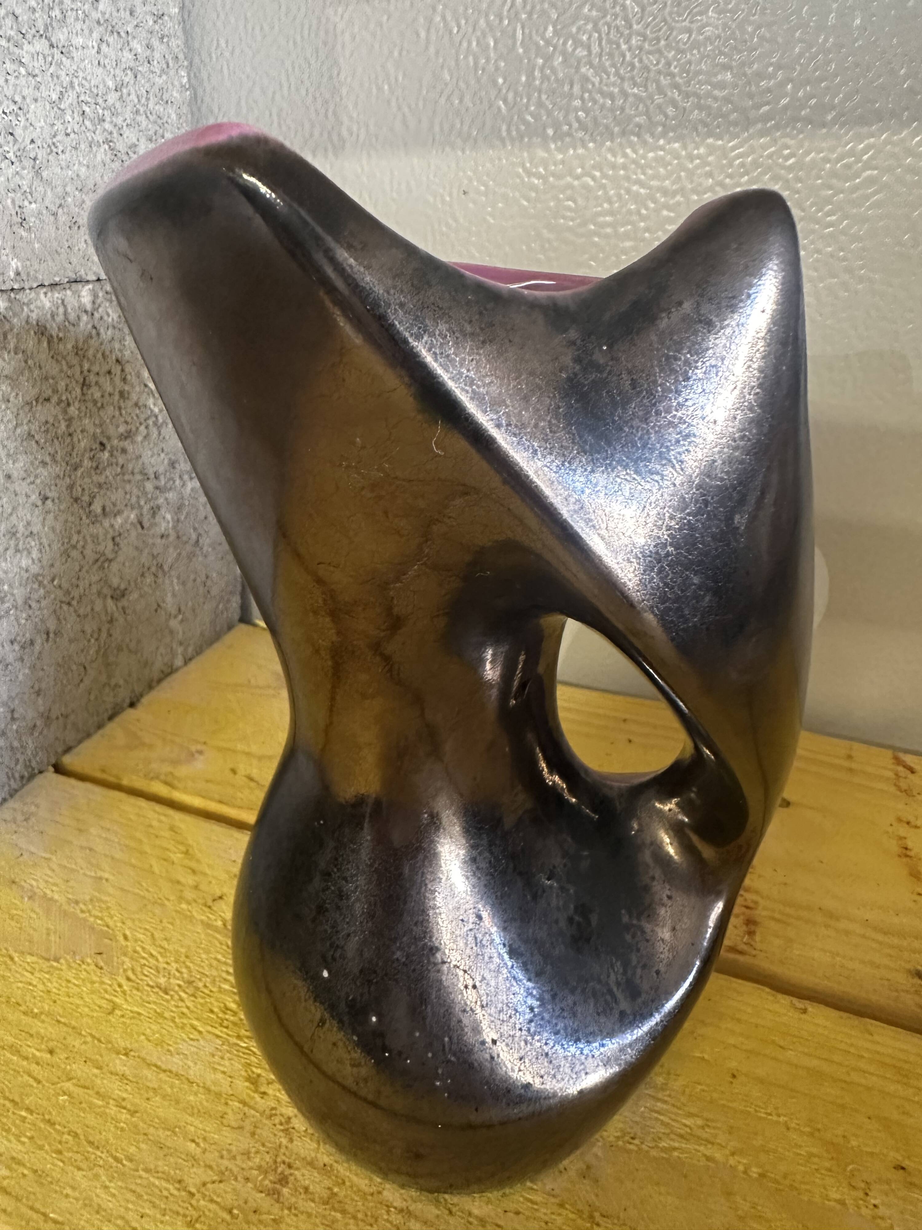 Free-form vase in iridescent black and mauve ceramic, Germany 1960