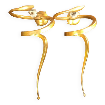 Paire d'appliques serpent "teo" lamp en aluminium doré, enzo ciampalini - 1970