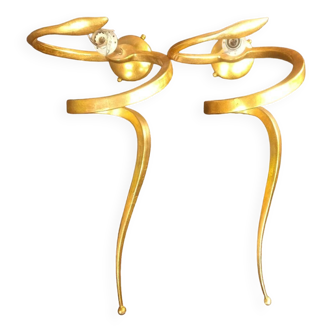 Paire d'appliques serpent "teo" lamp en aluminium doré, enzo ciampalini - 1970