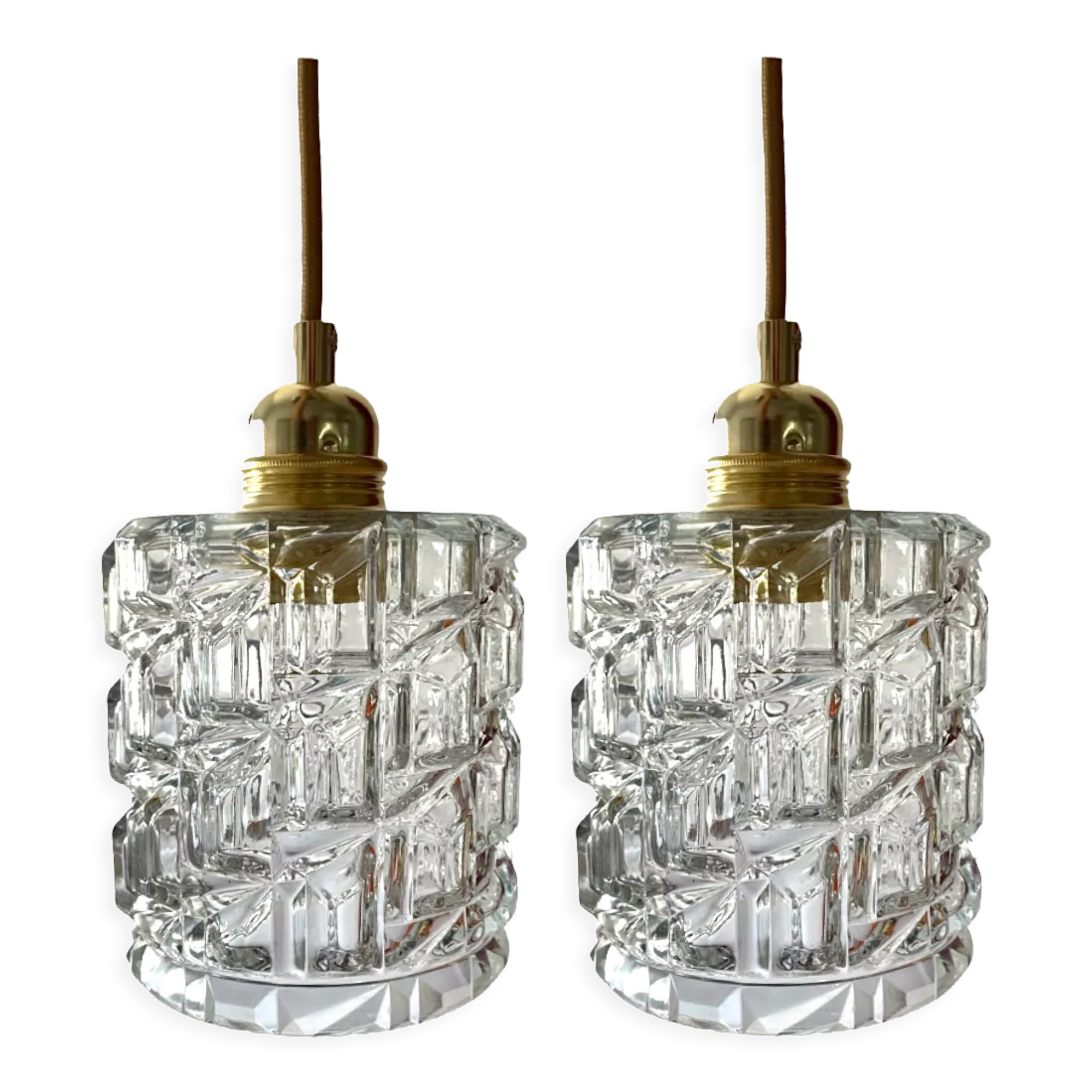 Set of two vintage electric chiseled glass walking lamps