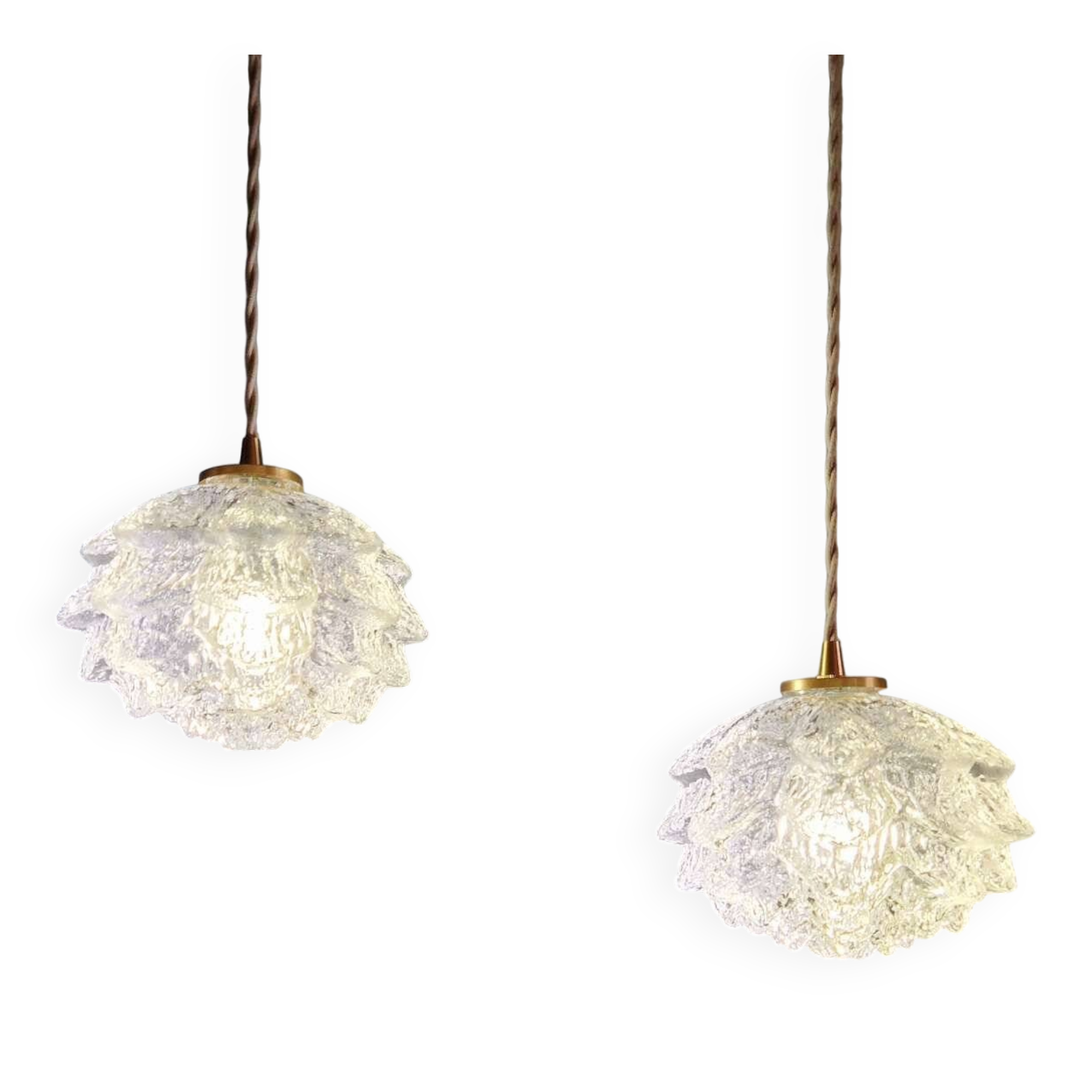 Pair of frosted glass pendant lights, artichoke-shaped, 1960s.