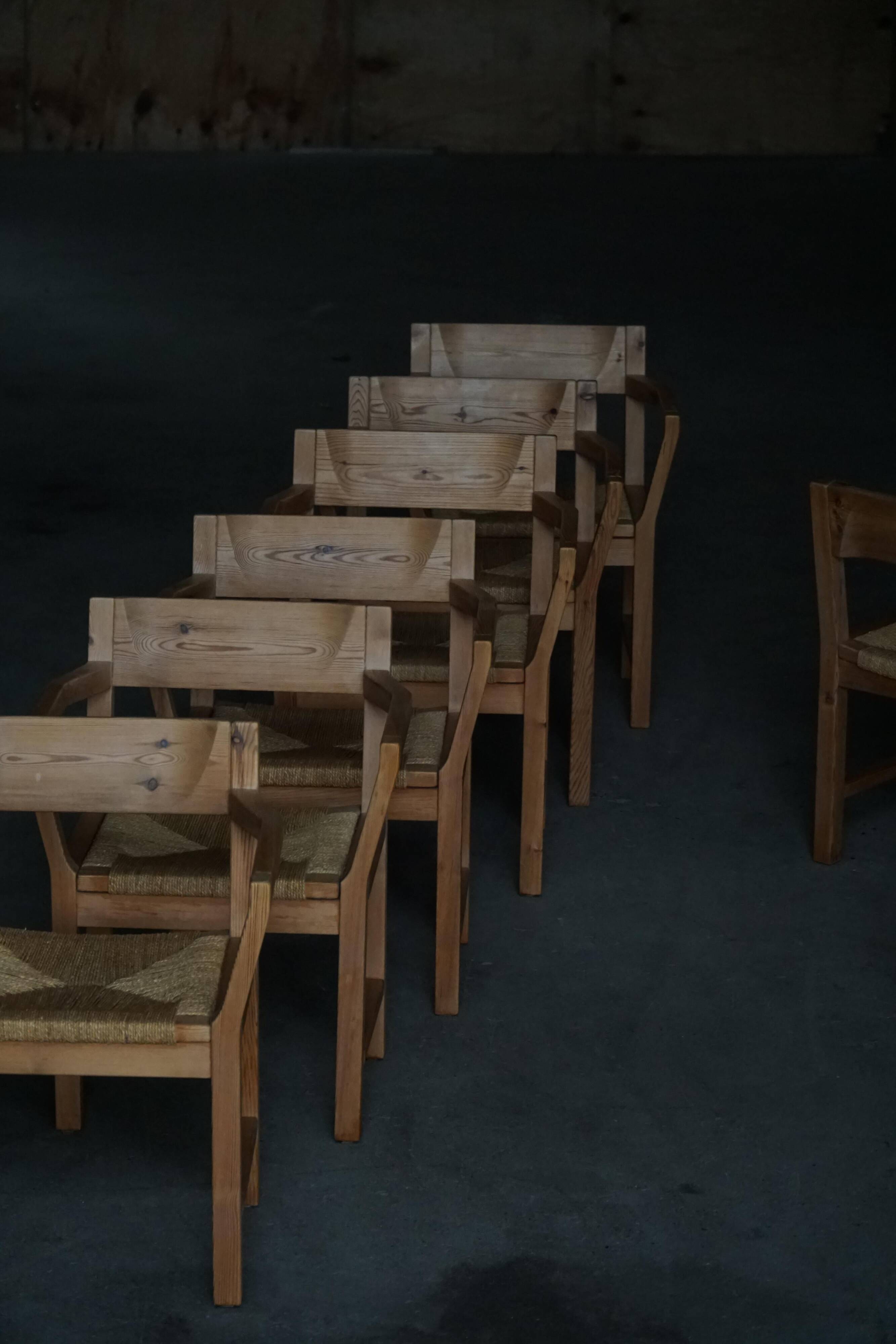 Set of 8 Danish dining chairs in pine and woven paper cord, Tage Poulsen, 1970s.