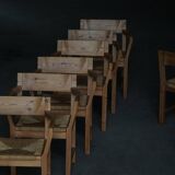 Set of 8 Danish dining chairs in pine and woven paper cord, Tage Poulsen, 1970s.