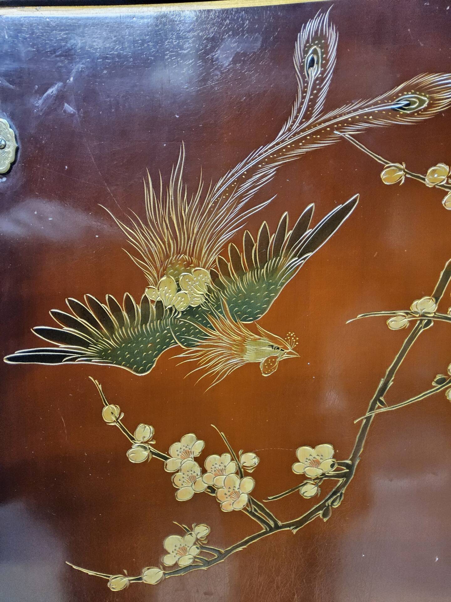 Vintage Chinese red and gold cabinet with flowers and birds (lacquer cabinet)