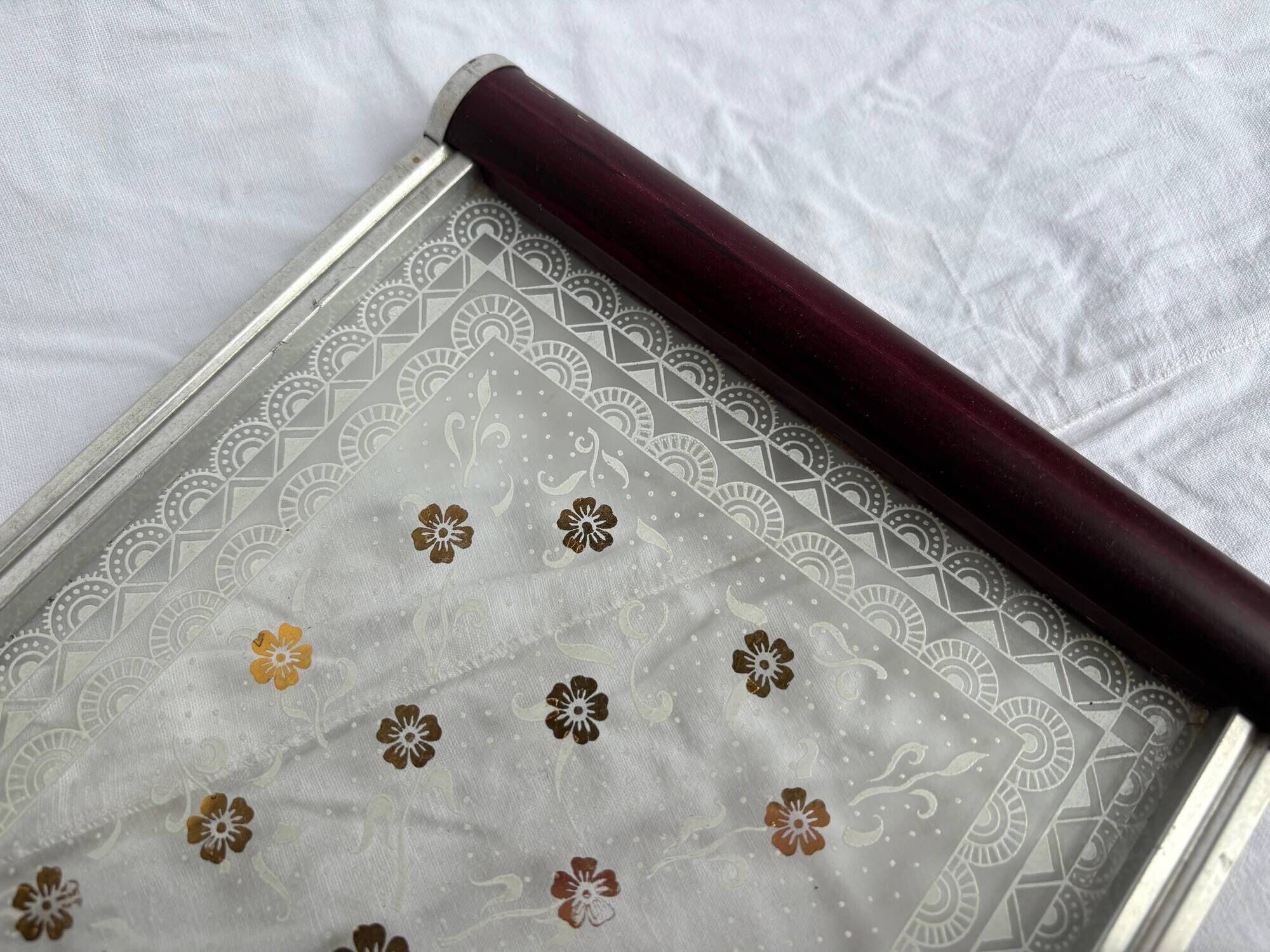 Small Art Deco tray in etched glass and chrome-plated metal – 1930s/40s