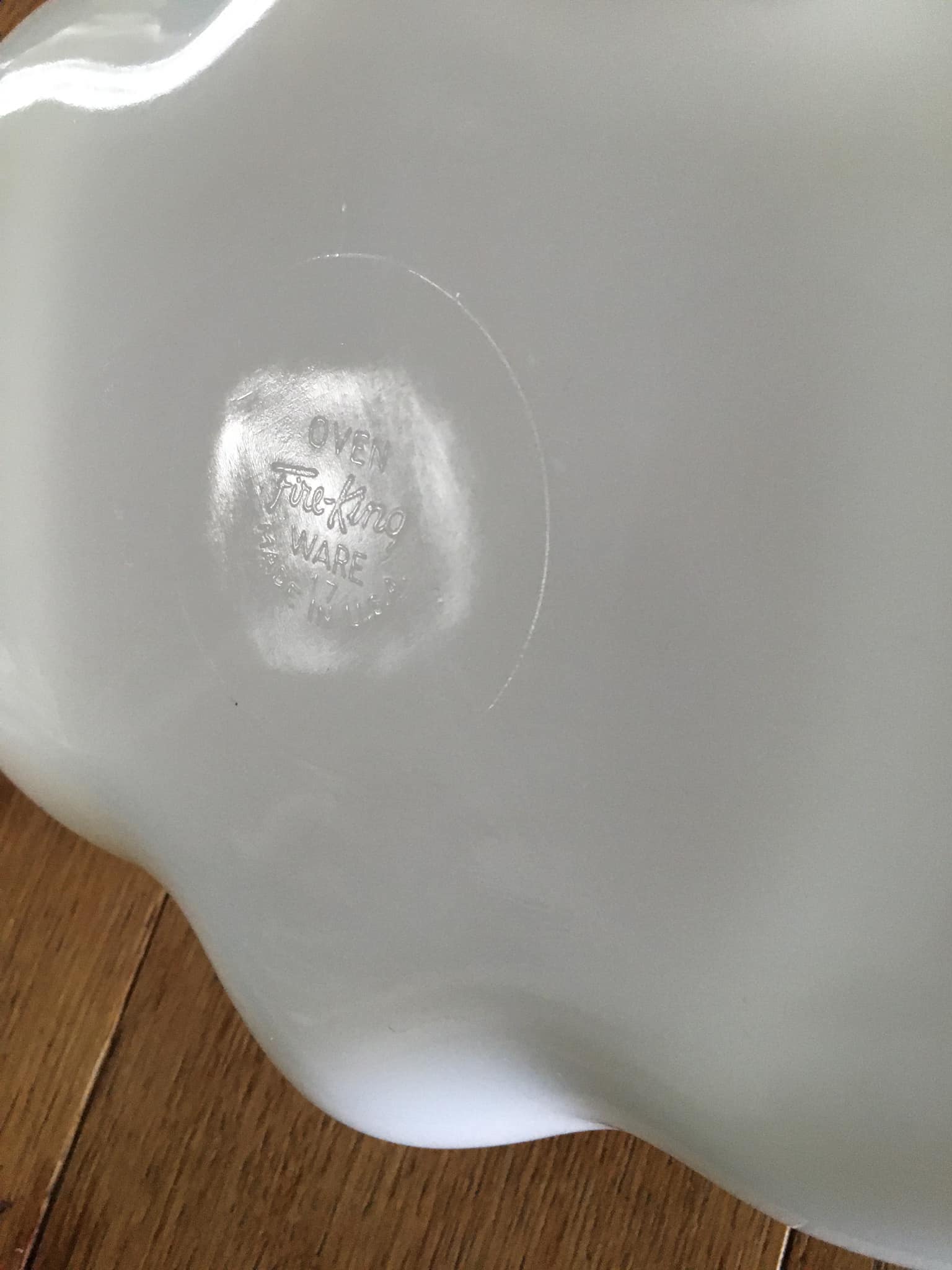 White opaline serving dish, Fire King brand Made in USA, golden edging, 50s