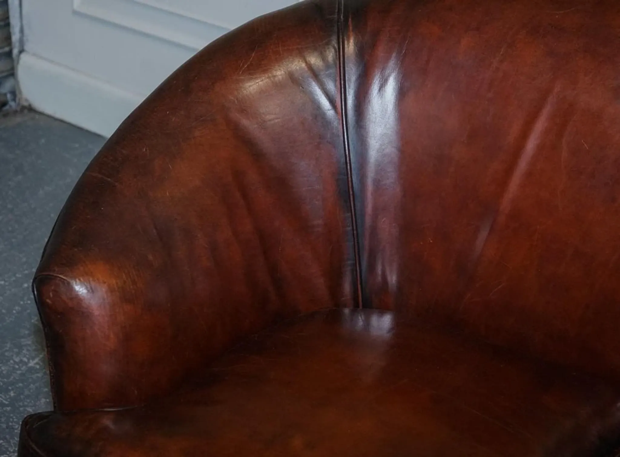 Art Deco Hand-Dyed Whisky Brown Sofa, Armchairs and Ottomans, 1920s, Set of 5