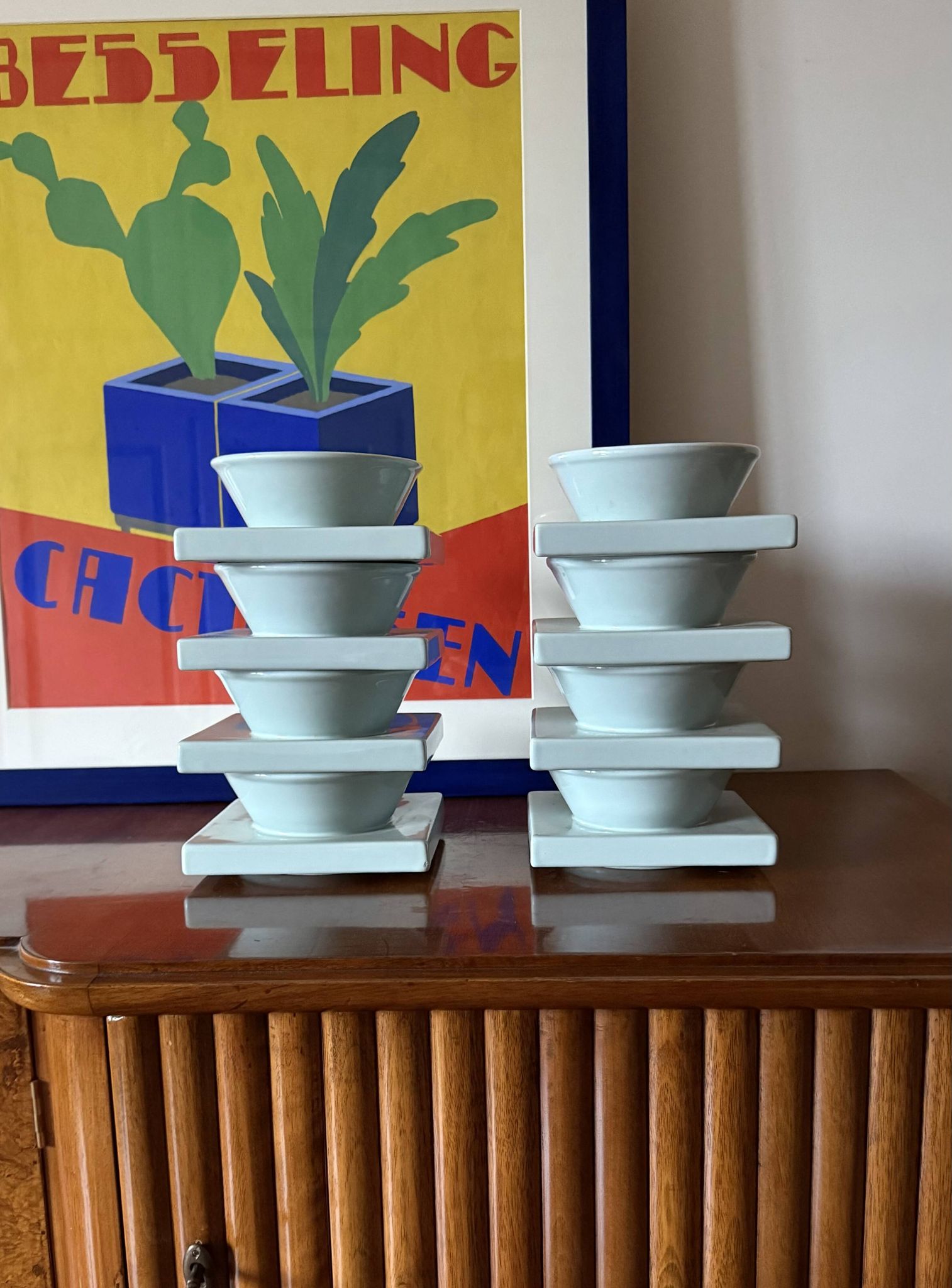 Set of 9 ceramic light blue ceramic bowls, I + I Italy, 1970s