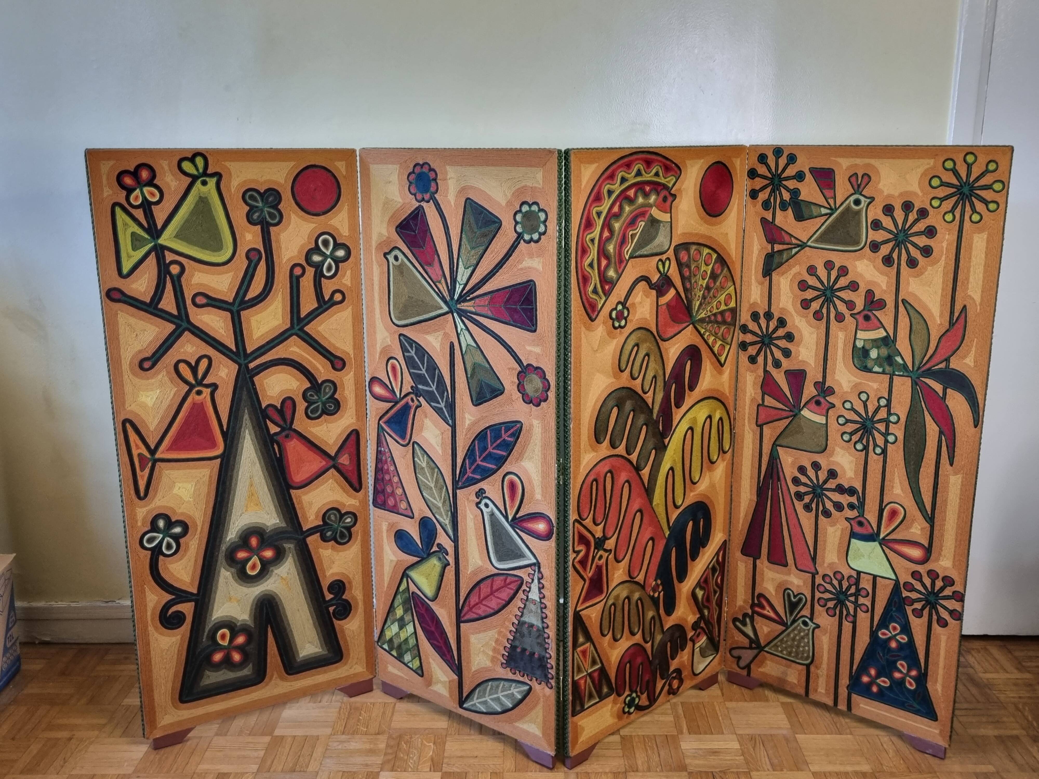 Screen decorated with wool threads, “Huichol” art, Sofia Ribeira, 124 cm