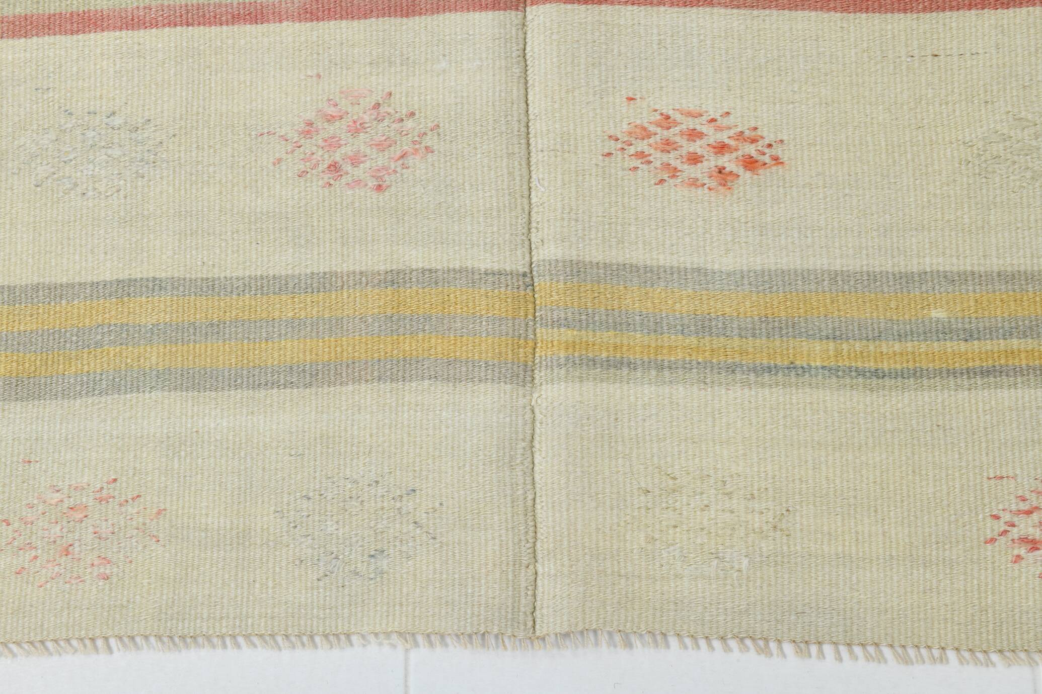 4x4 Cream Pale Red Square Vintage Kilim Rug, 136x142Cm