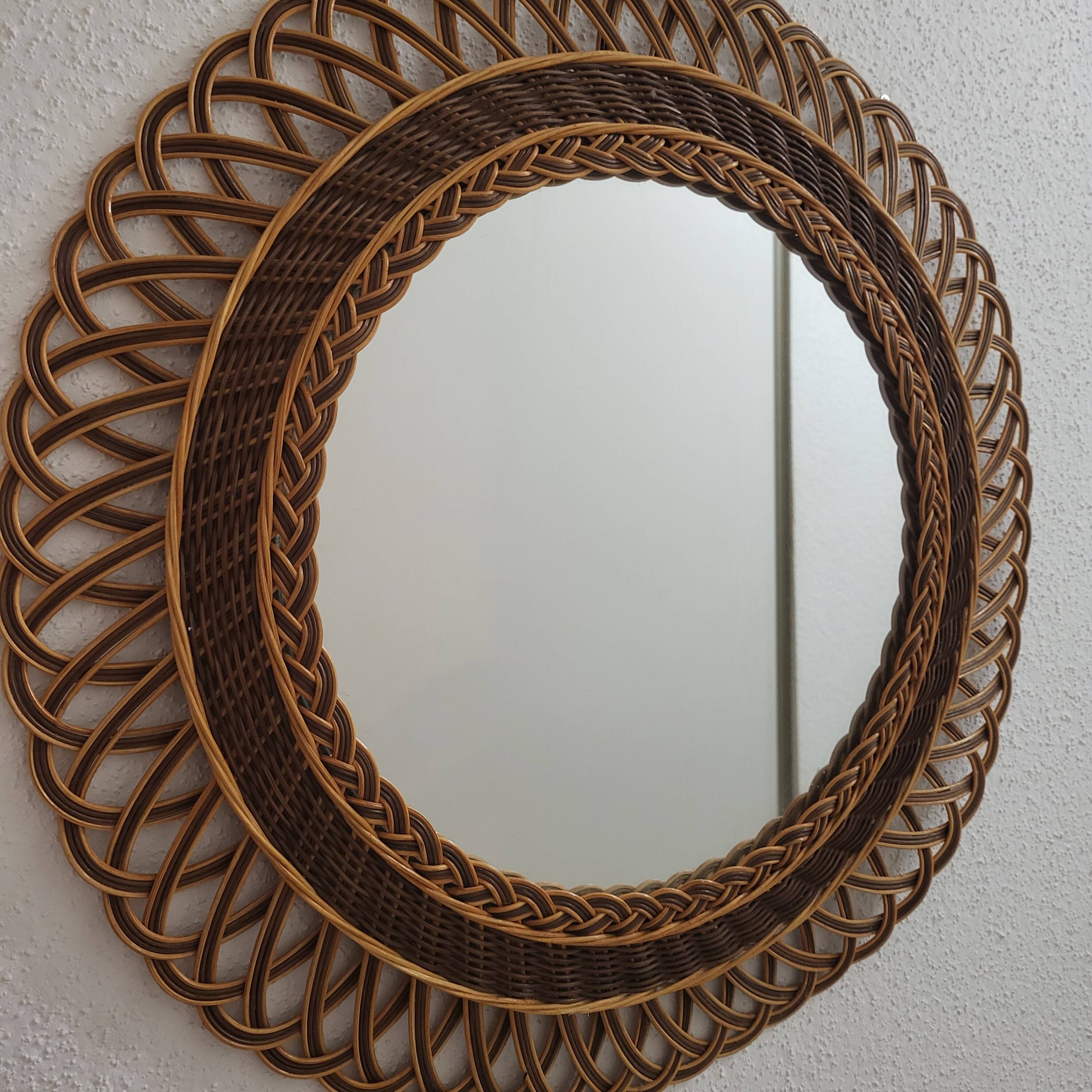 Woven rattan mirror, sunburst, vintage flower