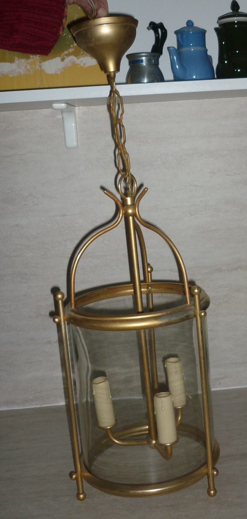 Glass lantern and gilded brass, antique pendant lamp