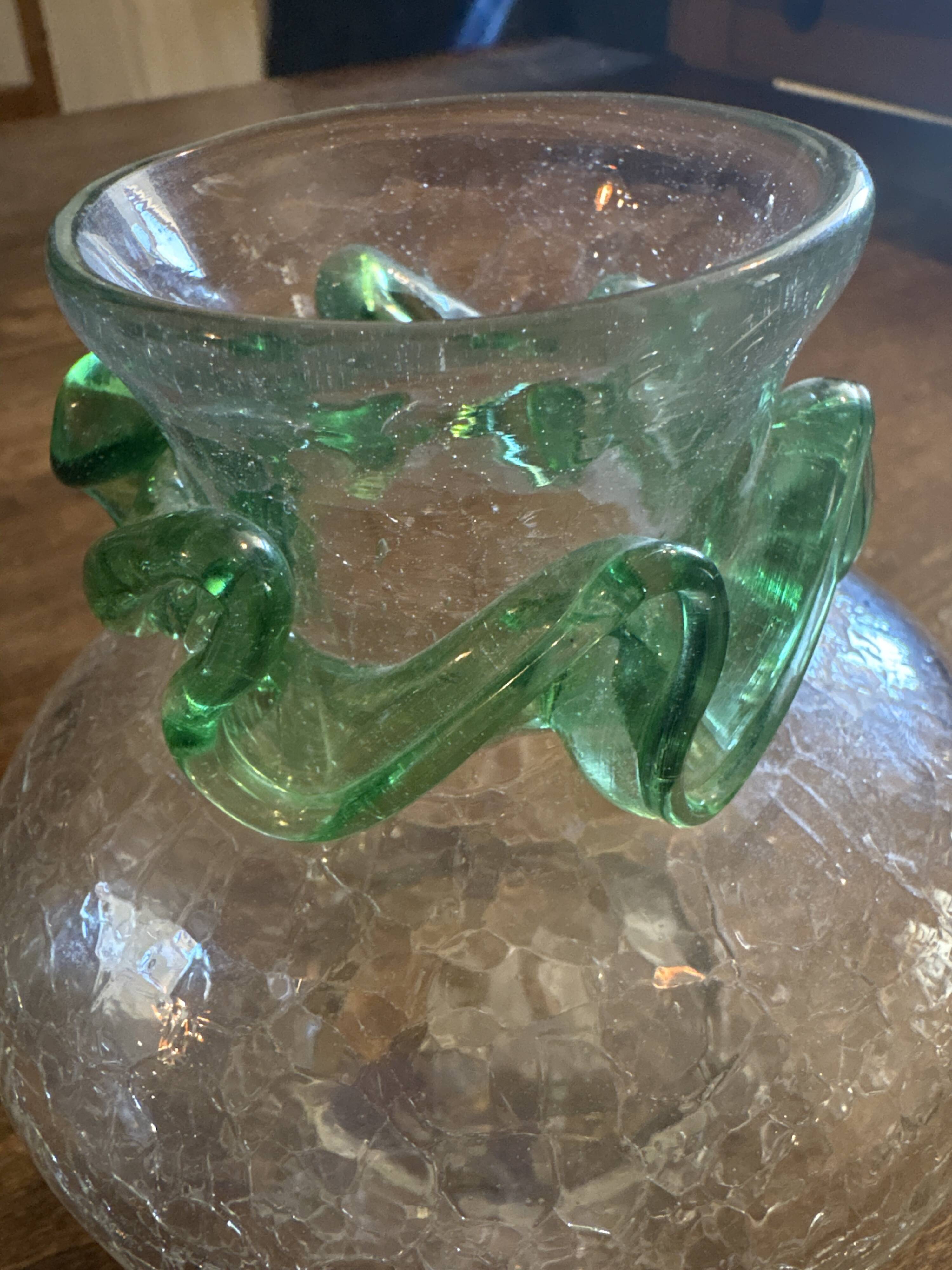Vintage cracked glass carafe with green collar MCM – 1950s