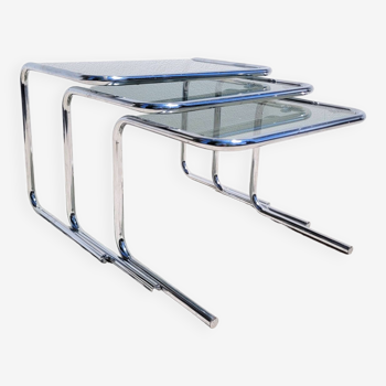 Vintage nesting coffee tables in chrome and smoked glass