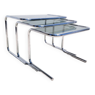 Tables basses gigognes vintages en chrome et verre fumé