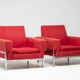 Red Kiushu armchairs by Saporiti characteristic of mid-20th century Italian modern design.